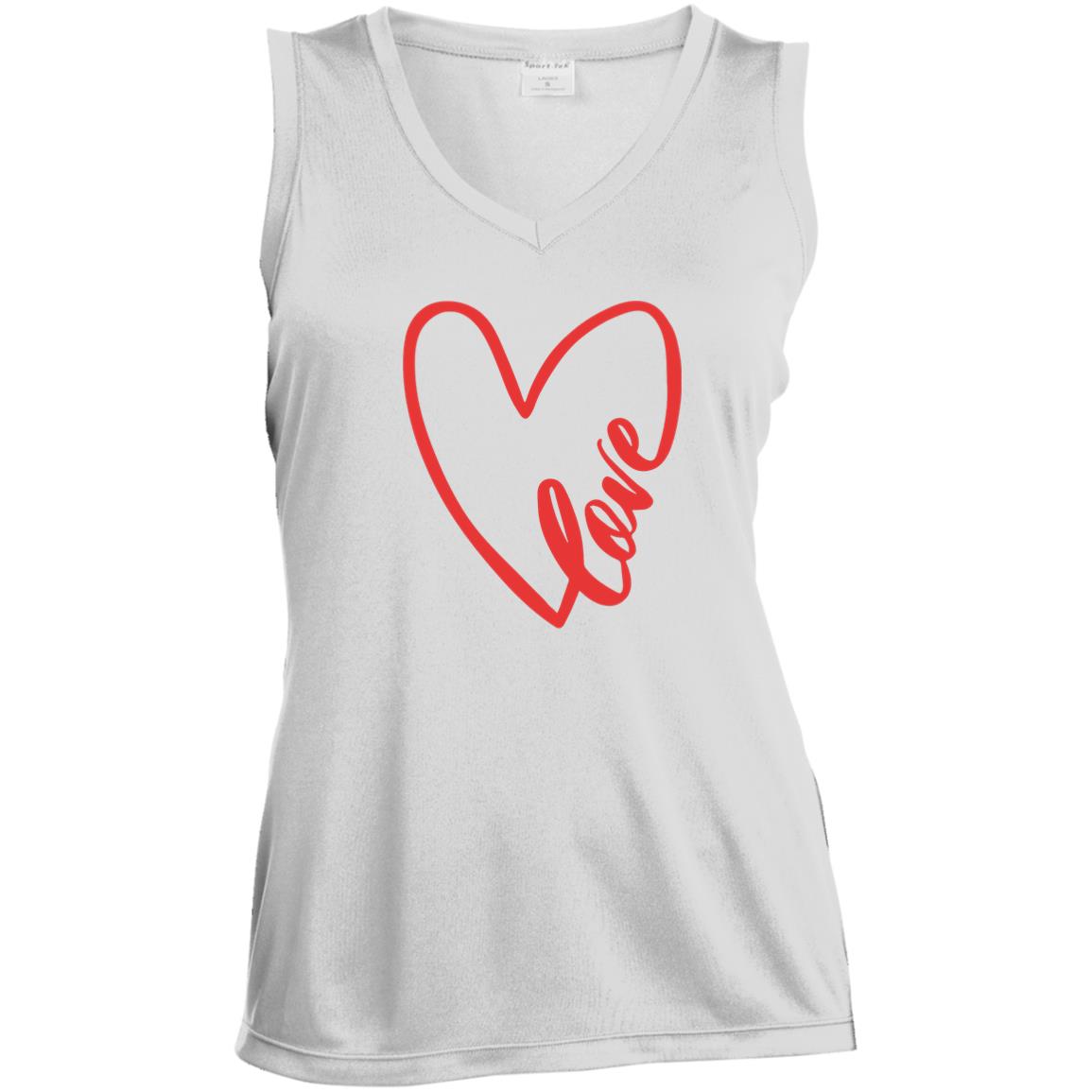 white performance tank with heart and word "love" written into the heart outline