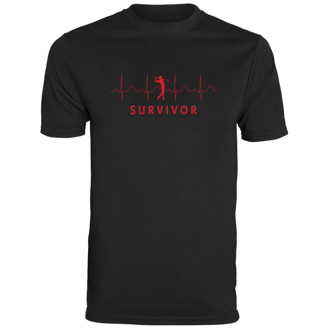 Black tee with "SURVIVOR" text along with a golfer icon with EKG lines behind.
