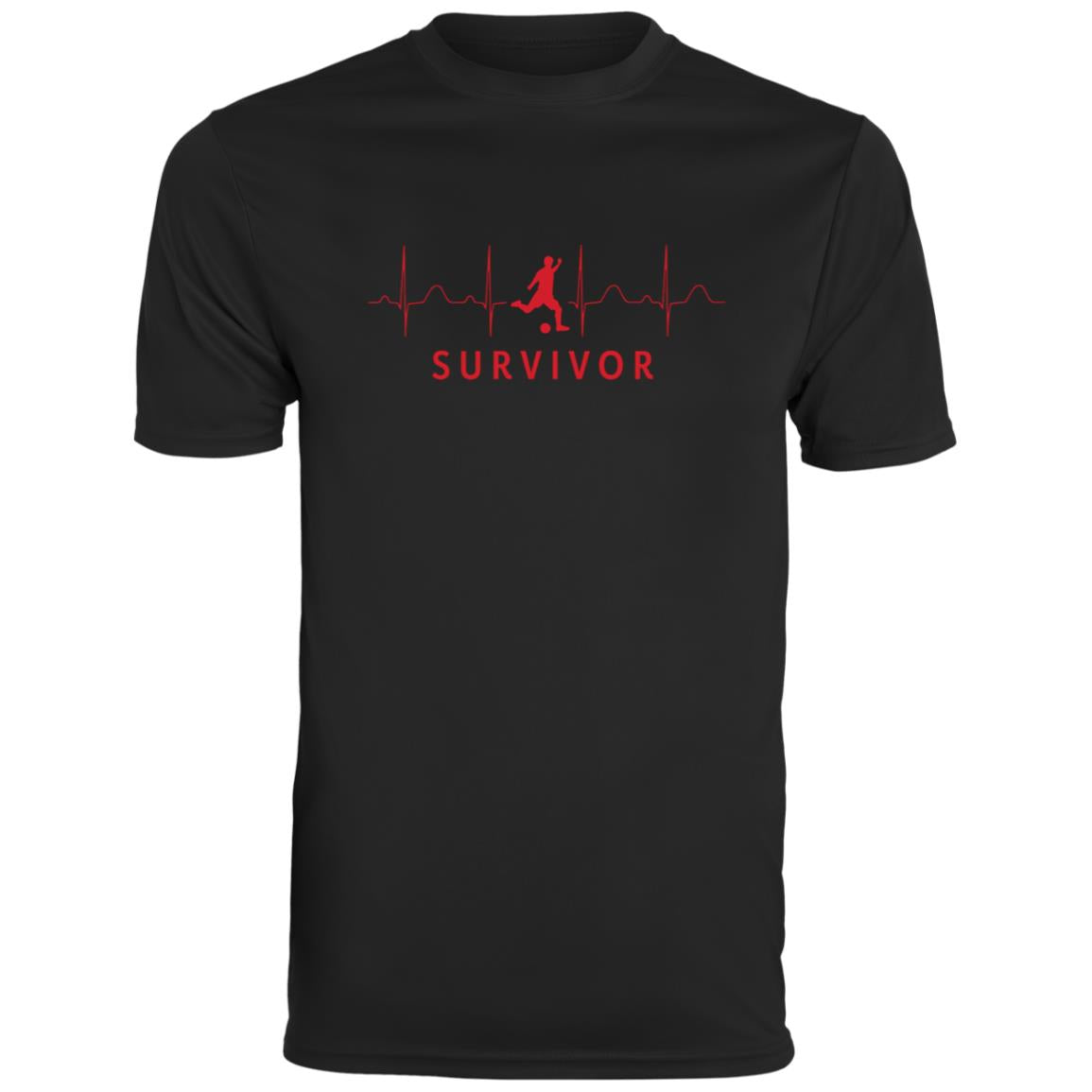 Black tee with "SURVIVOR" text along with a soccer player icon with EKG lines behind.