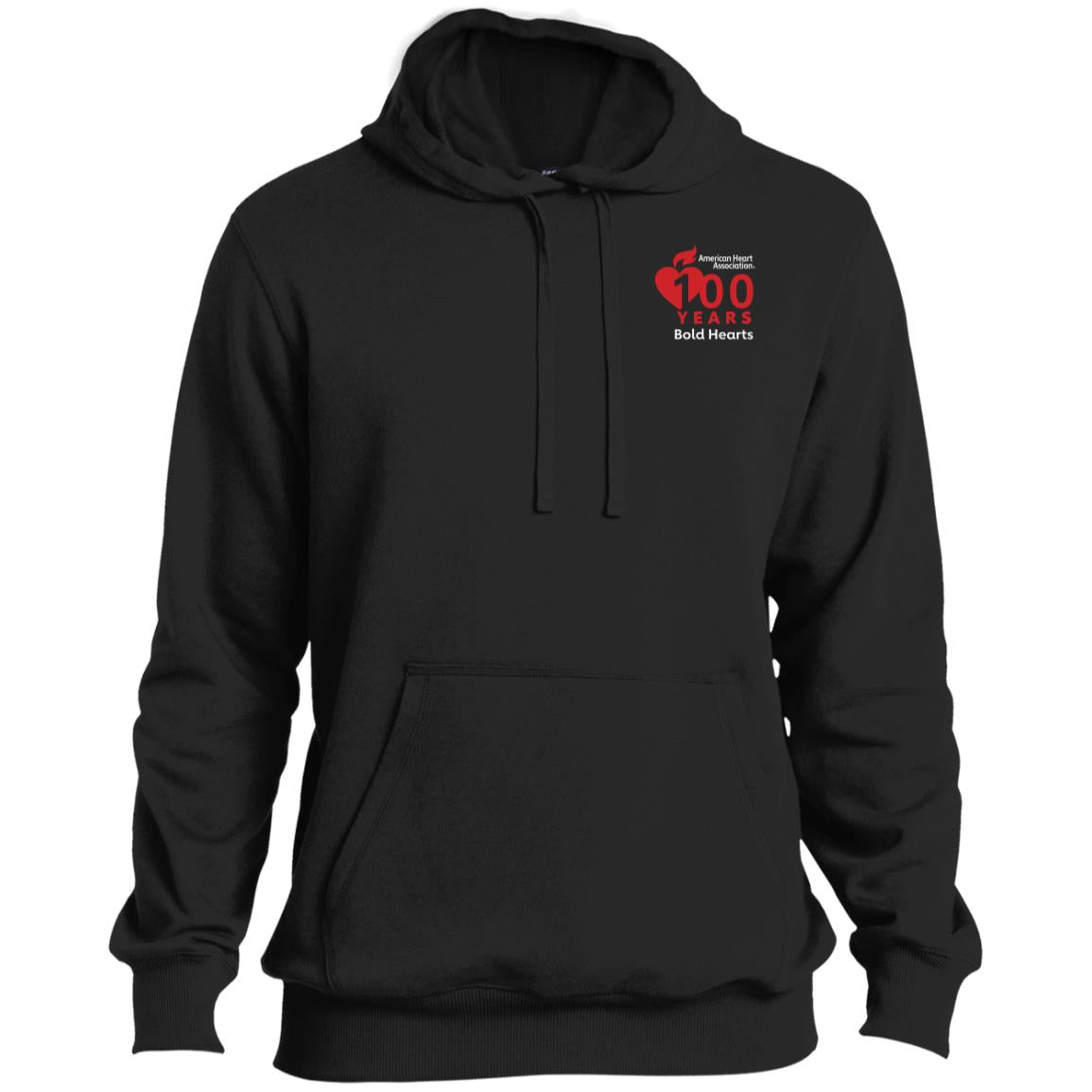 black hoodie with AHA 100 years bold hearts logo on left chest