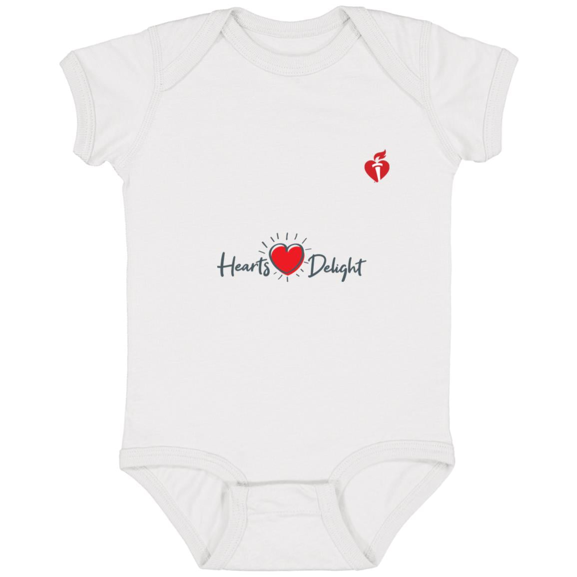 baby bodysuit that says "Hearts Delight" and has AHA heart and torch on chest