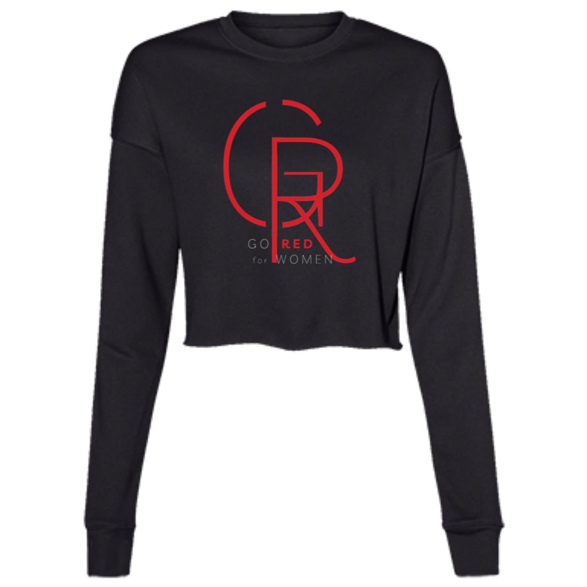 Black Cropped long-sleeved Fleece Crew with big lettered monogramed GR along with Go Red for Women Text below