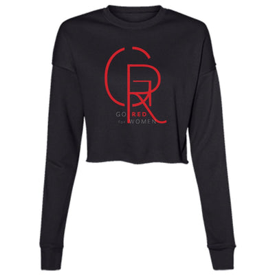 Black Cropped long-sleeved Fleece Crew with big lettered monogramed GR along with Go Red for Women Text below