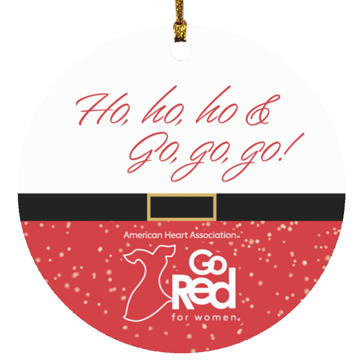 "Ho, ho, ho & Go, go, go!" themed ornament with GRfW logo featured on the bottom half.