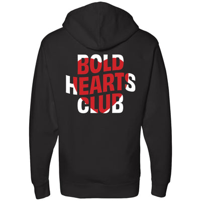 black hoodie with red heart over "Bold Hearts Club"