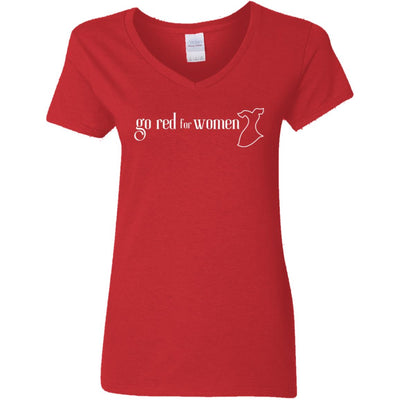 Red V-neck Womens shirt with "go red for women" and the Red Dress logo across the chest
