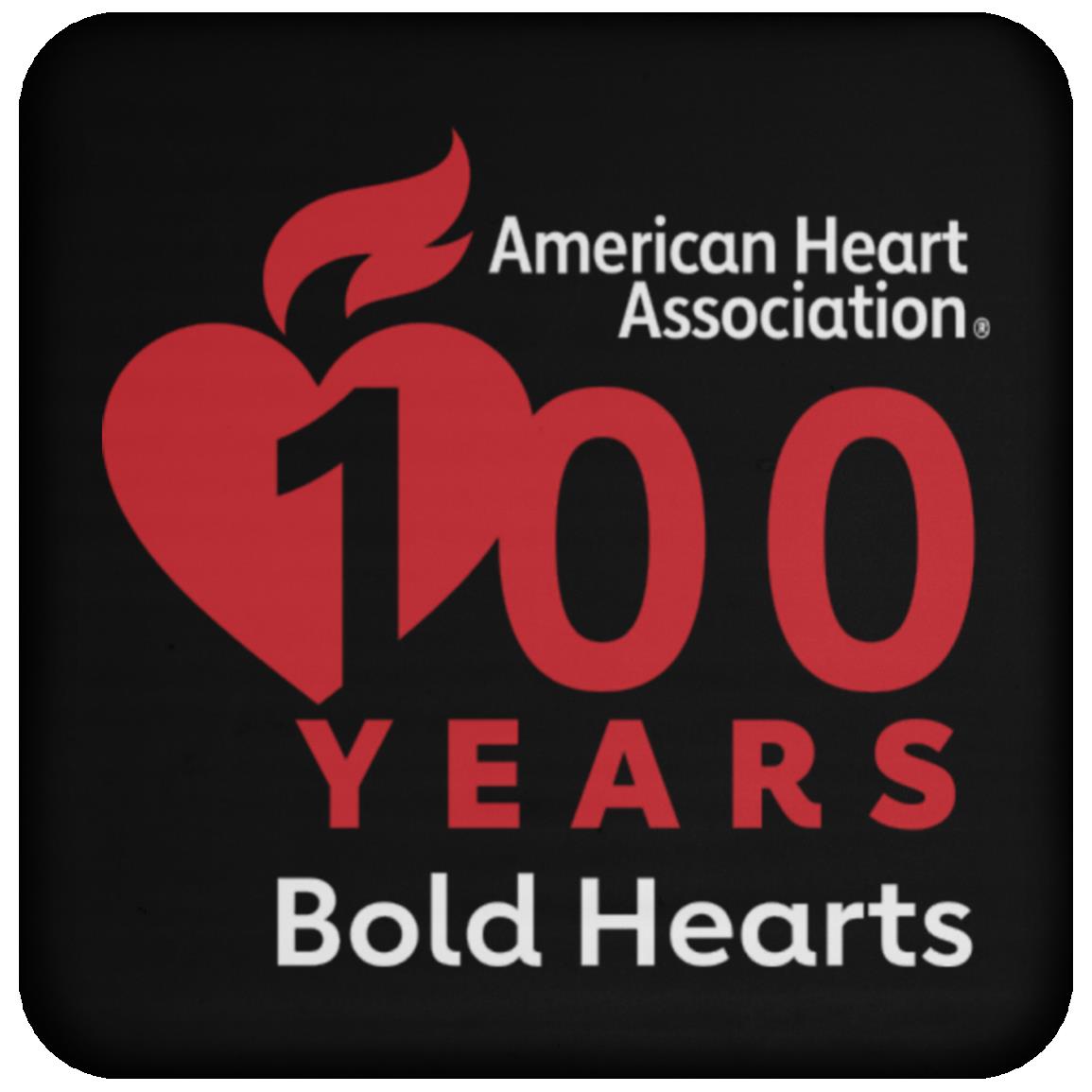black coaster with AHA bold hearts logo