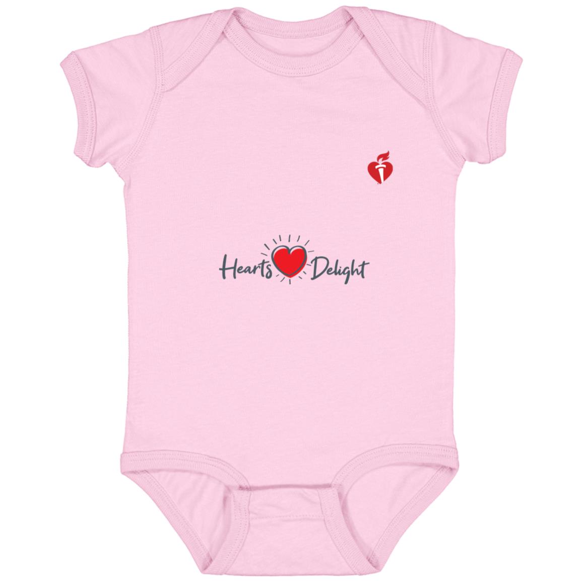 baby bodysuit that says "Hearts Delight" and has AHA heart and torch on chest
