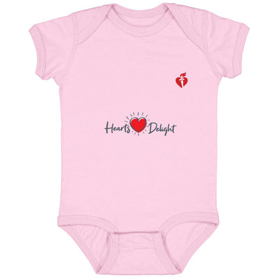 baby bodysuit that says "Hearts Delight" and has AHA heart and torch on chest