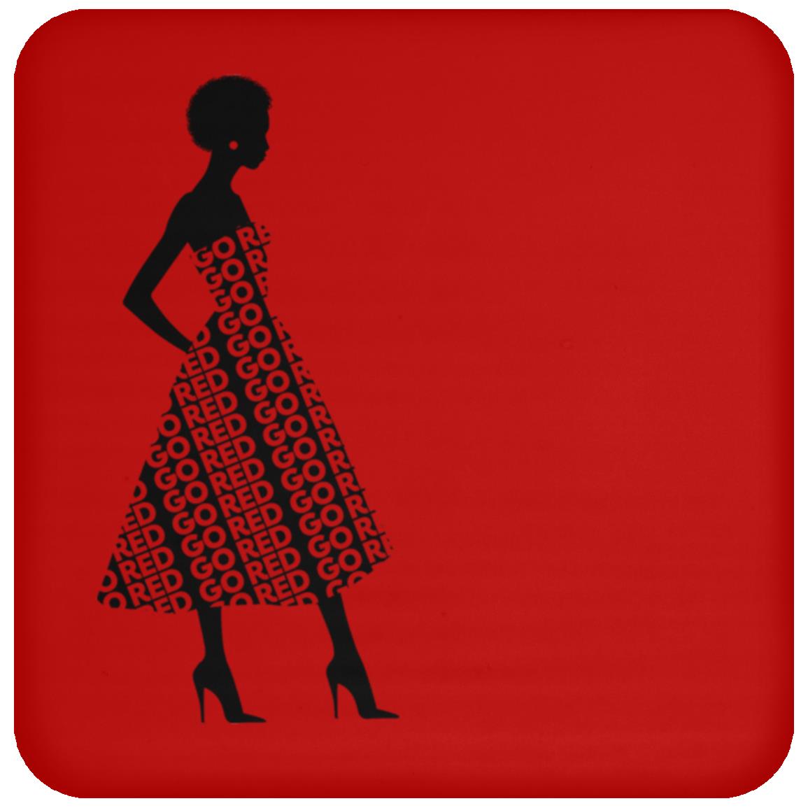 red coaster with image of lady earing a gown made up of the words GO RED