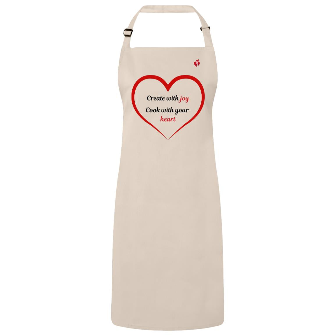 Natural color apron with adjustable buckle neck, aha heart and torch logo on left chest, a red heart outline with words inside that say: "Create with joy. Cook with your heart."
