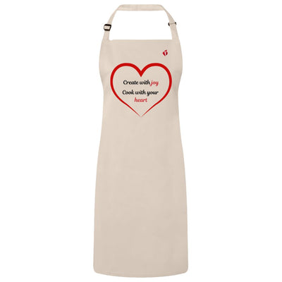 Natural color apron with adjustable buckle neck, aha heart and torch logo on left chest, a red heart outline with words inside that say: "Create with joy. Cook with your heart."