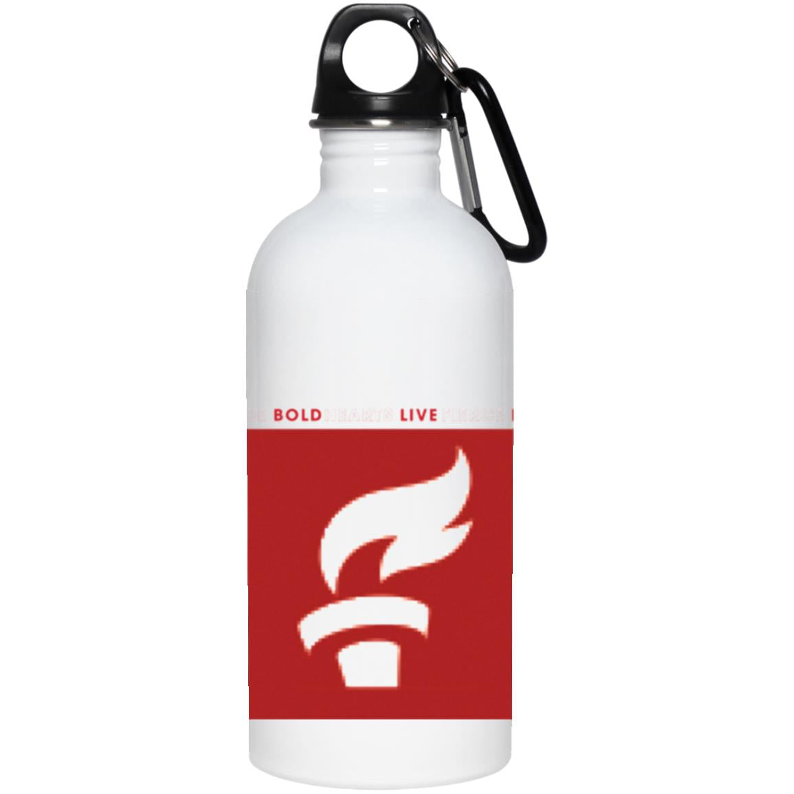 white stainless steel water bottle with screw top and caribiner. features a design of the AHA torch with textured look on a red background and words "bold hearts. live fierce." above it.