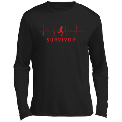 Black long-sleeve tee with SURVIVOR text along with a soccer player icon with EKG lines behind