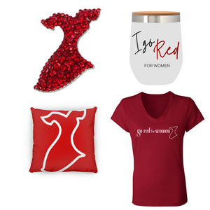 red dress crystal brooch, "I Go Red" wine tumbler (white), red short-sleeve ladies Go Red tee, red dress pillow (red)