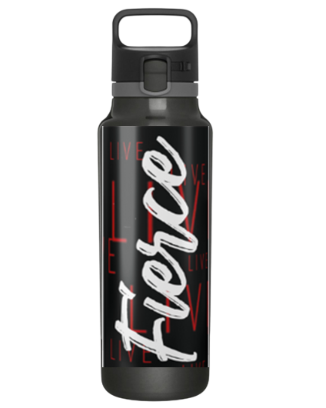Black and grey water bottle with carry handle and wrap around Live Fierce design. 
