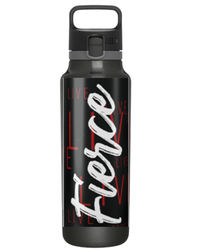 Black and grey water bottle with carry handle and wrap around Live Fierce design. 