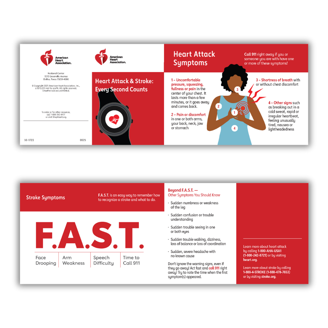 Wallet card with information printed on both sides. Includes heart attack and stroke warning signs along with visuals such as F.A.S.T along with a diagram of a person with heart attack symptom areas shown.  