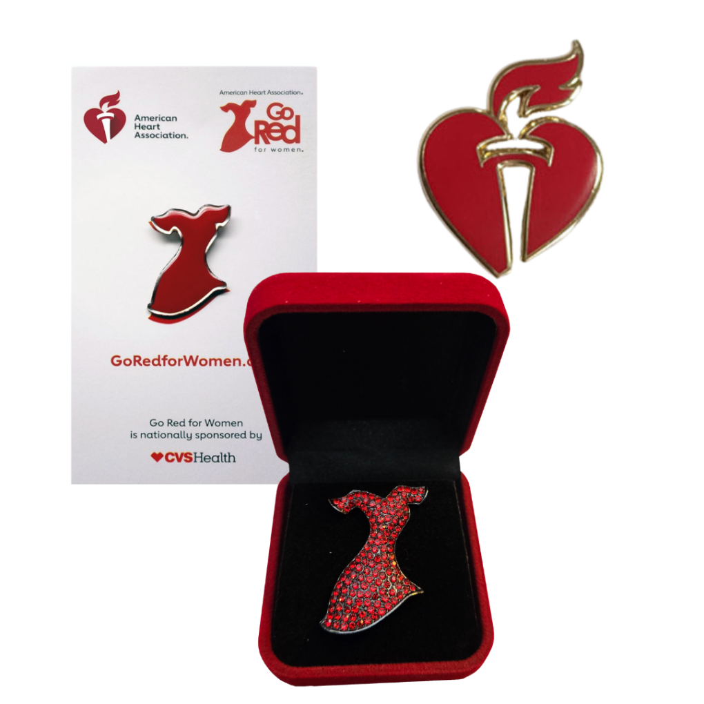 AHA heart and torch logo pin with cut out torch, red dress pin on card, red dress crystal brooch in velvet box
