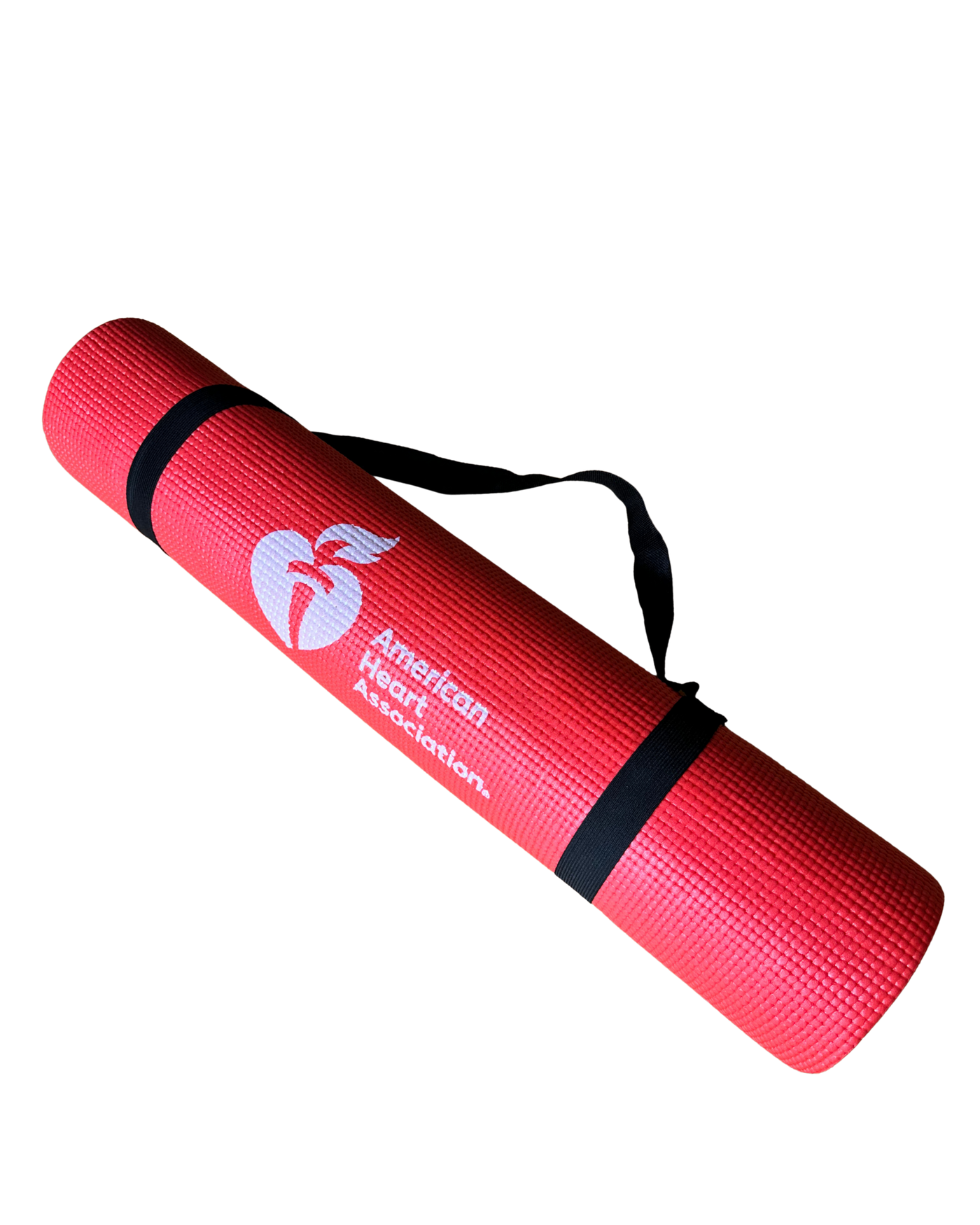 Picture of red rolled up yoga mat with black easy carry strap. 