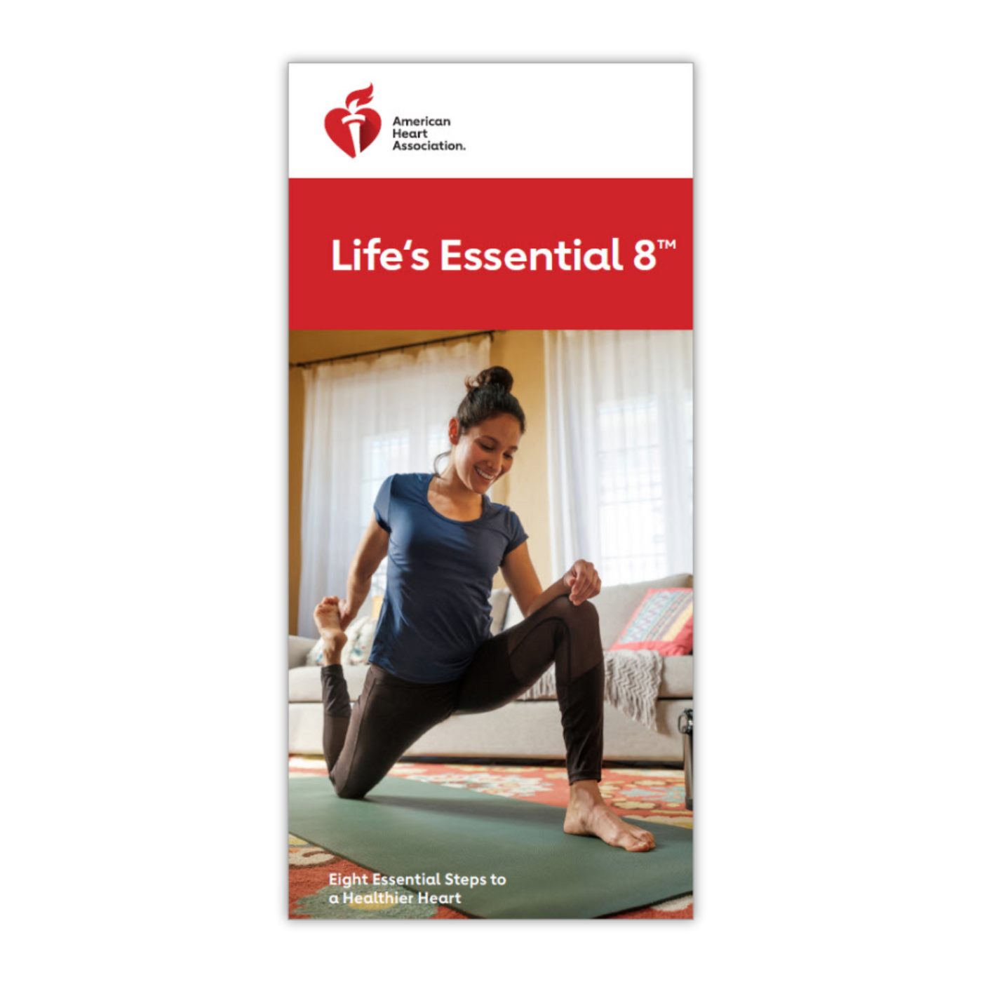 Cover of booklet: "Life's Essential 8" - A woman smiling while stretching on a yoga mat