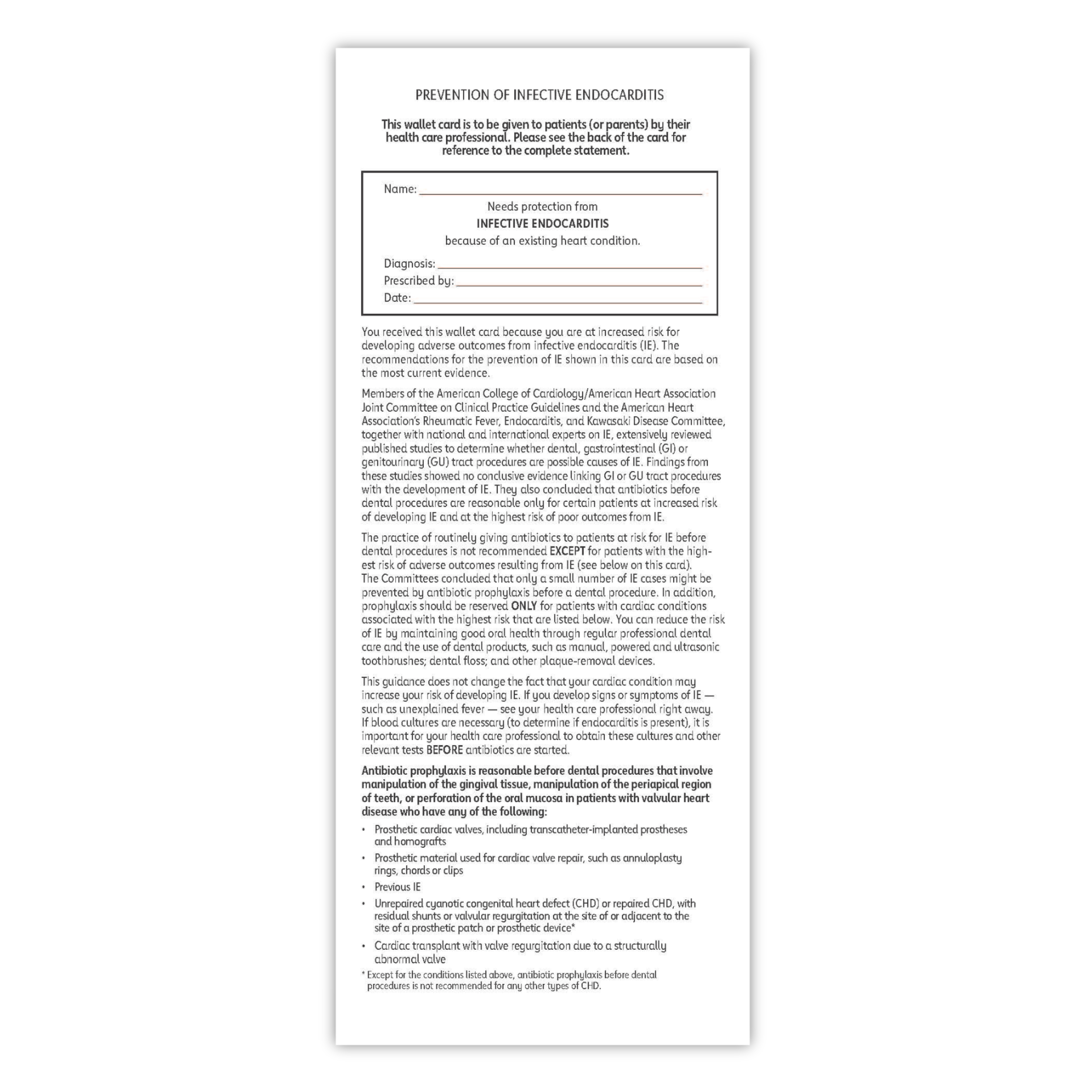 Infective Endocarditis Wallet Card - Pack of 100 – ShopHeart.org