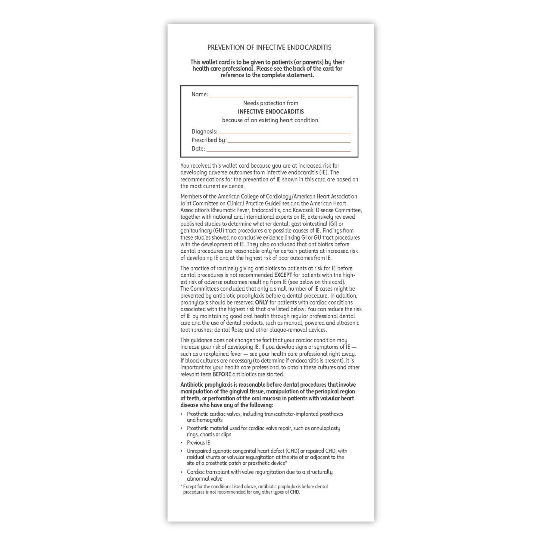 Infective Endocarditis Wallet Card - Pack of 100 – ShopHeart.org