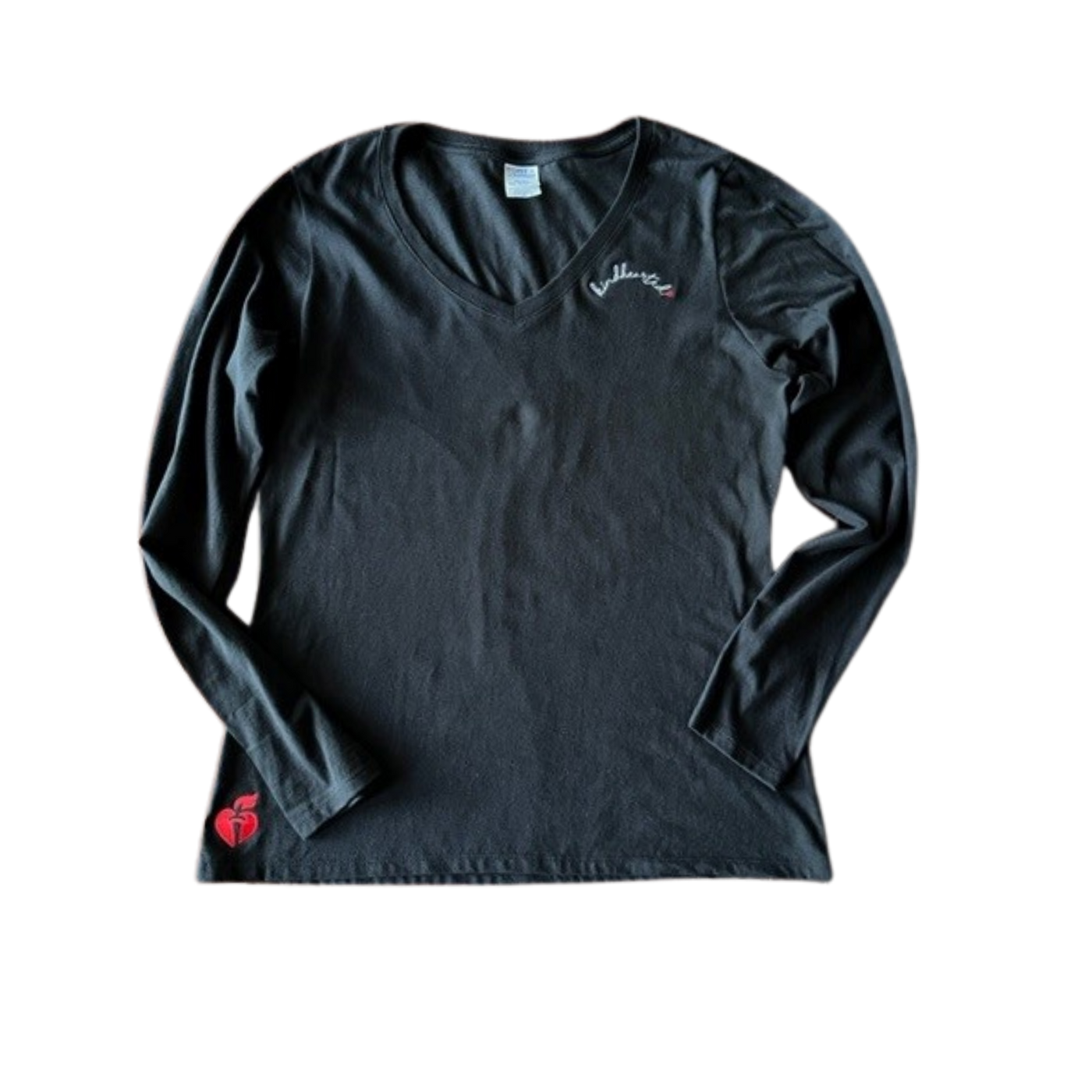 black long sleeve tee vneck with "kindhearted" embroidered at neckline and AHA logo on hem