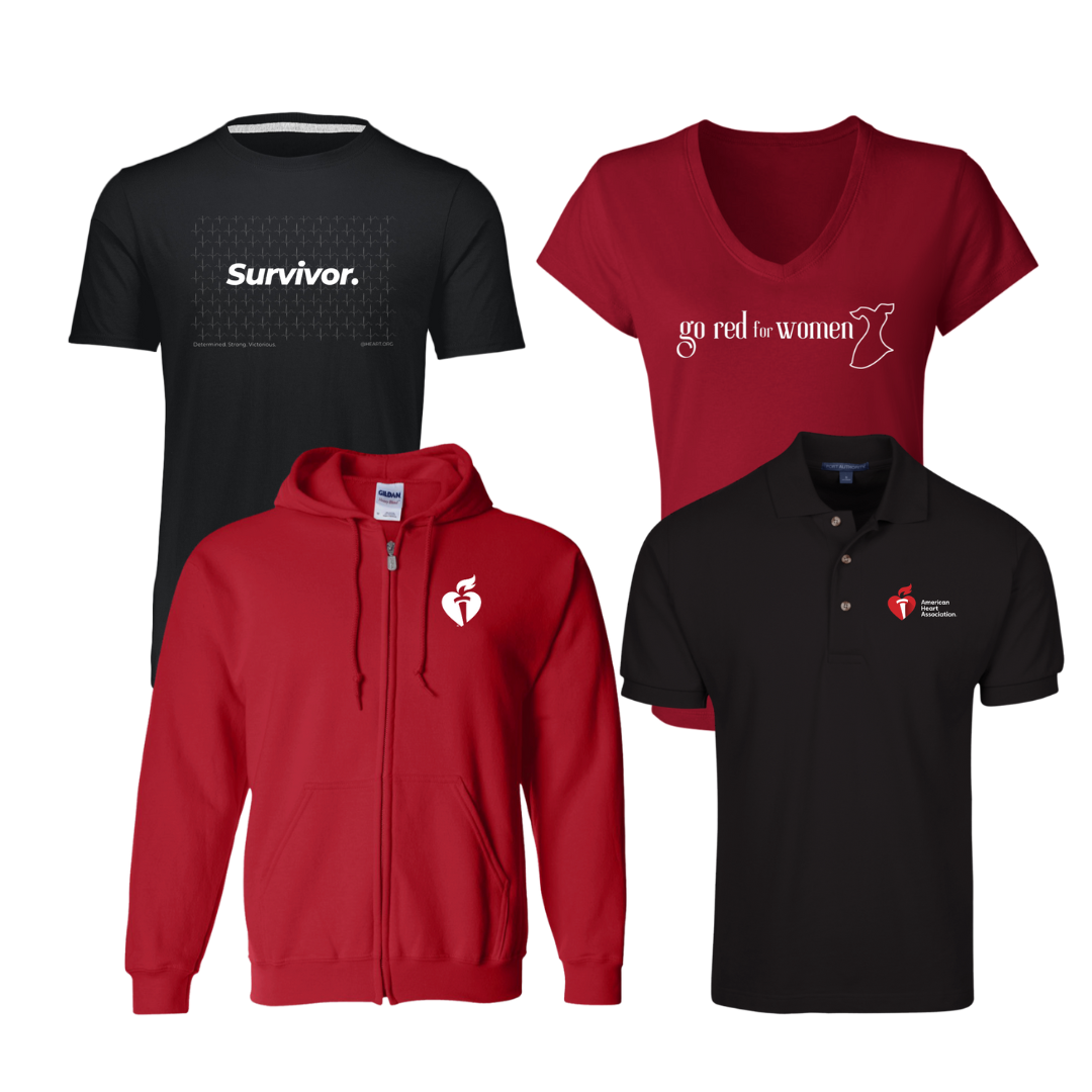 Clockwise from top left shows black SURVIVOR short-sleeve tee, red Go Red for Women V-neck short-sleeve tee, black AHA polo, red AHA hoodie