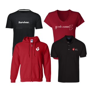 Clockwise from top left shows black SURVIVOR short-sleeve tee, red Go Red for Women V-neck short-sleeve tee, black AHA polo, red AHA hoodie