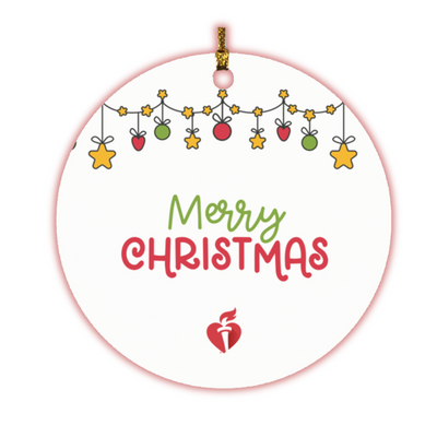 White circle ornament with dangling ornaments on top along with "Merry Christmas" and a AHA Heart and Torch logo featured below. 