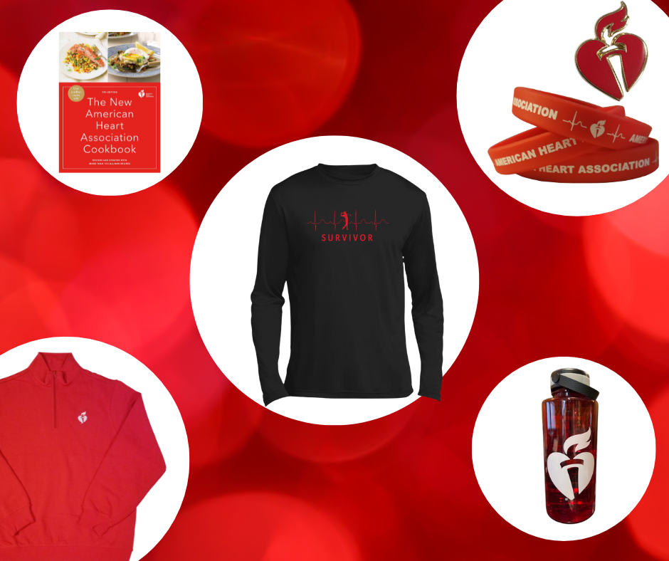 image of various products, including AHA cookbook, survivor tshirt, wristbands, lapel pin, water bottle and sweatshirt.