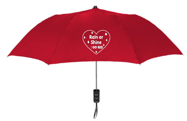 red umbrella with heart on one panel, inside heart is raindrops and the words Rain or Shine I Go Red