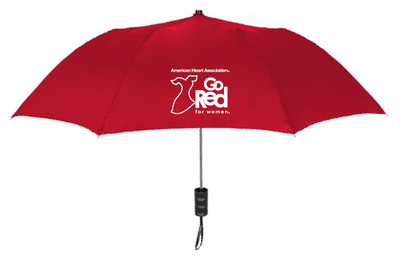 red umbrella with Go Red for Women logo on one panel.