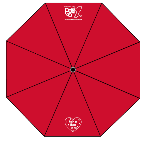 view of top of red umbrella to show Go Red for Women logo on one panel and heart with Rain or Shine I Go Red graphic on opposite panel