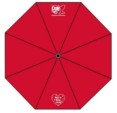 view of top of red umbrella to show Go Red for Women logo on one panel and heart with Rain or Shine I Go Red graphic on opposite panel
